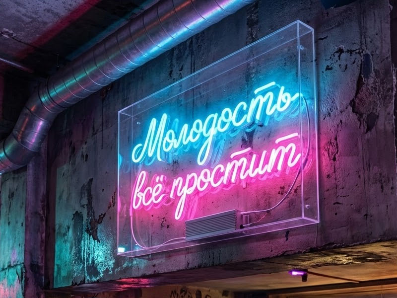 Неоновая вывеска «Молодость всё простит»