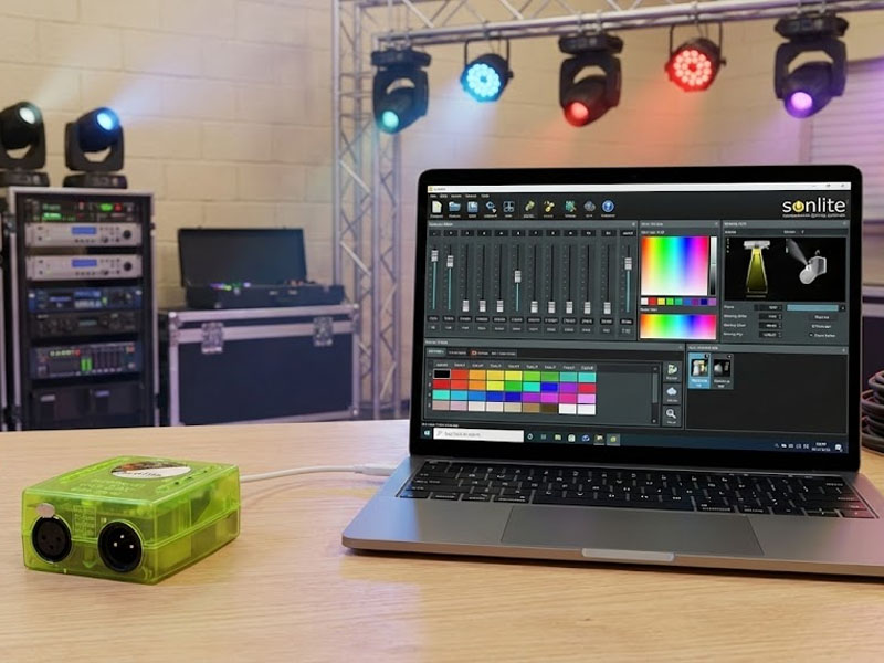 DMX контроллер Sunlite и ноутбук с программой