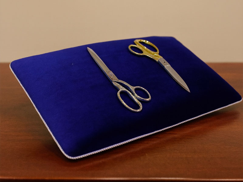 Ножницы презентационные и синяя подушка-поднос