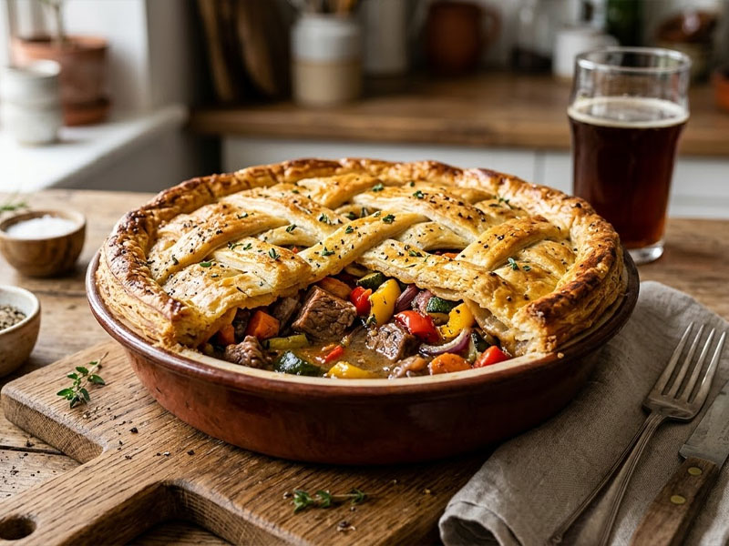 Пирог с говядиной и овощами гриль