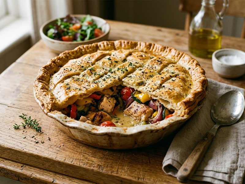 Пирог с курицей и овощами гриль