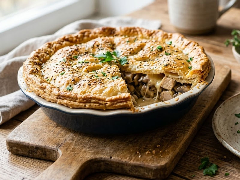 Пирог с курицей сыром и грибами