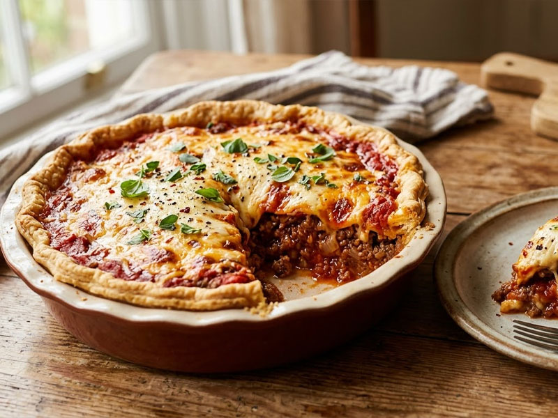Пирог с мясом в томатном соусе и сыром