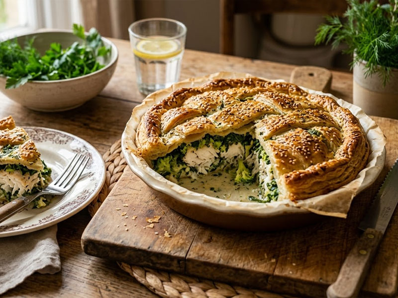 Пирог с рыбой хек, шпинатом и брокколи